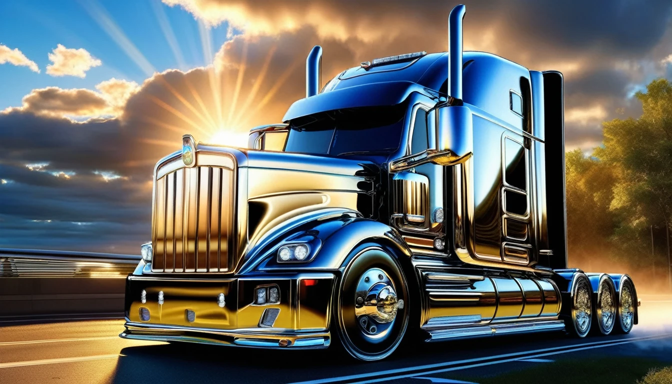 "Design a magnificent 18-wheeler with an exquisitely detailed exterior, gleaming chrome accents, and oversized wheels. Imagine it cruising down a sunlit highway, leaving a trail of dust behind. Capture the essence of the world of trucking in this powerful artwork." Mirroring, Sunrays, masterpiece, contoured, beveling, symetrically correct, maxrgb, Stained Glass, 