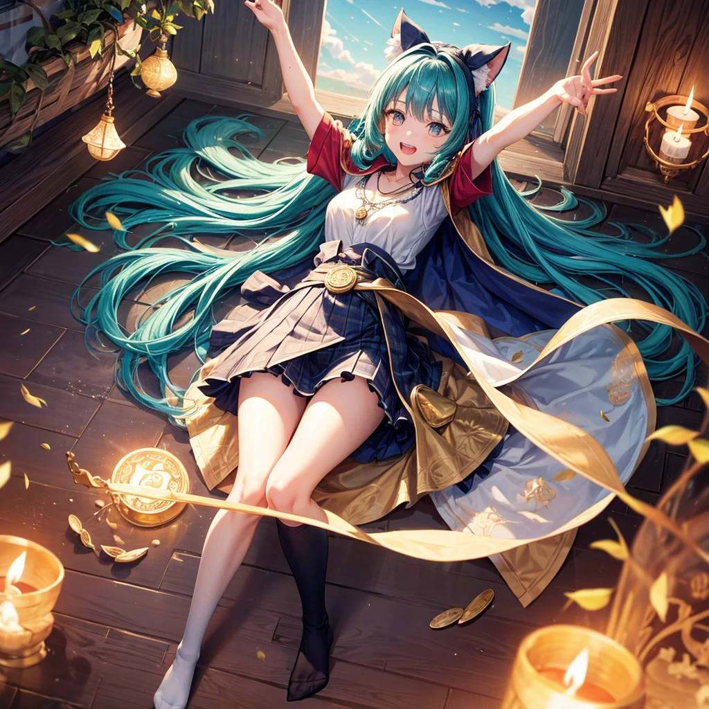 Aqua blue hair、Golden Eyes、Braid、One good looking girl、solo、anime、Checkered mini skirt、Ruffles on the skirt、Red T-shirt、Cape、Gothic、Black knee-high socks、bandana、Fluffy clothes、Wearing a ribbon、Ribbon on waist、Tilting face、Teeth are visible、Sunset sky、Piercing the clouds、Contrail、lotus leaves、Cumulonimbus、Pillar of Light、candle fire、Silver coin necklace、A world of light、Spreading his arms for balance、From above