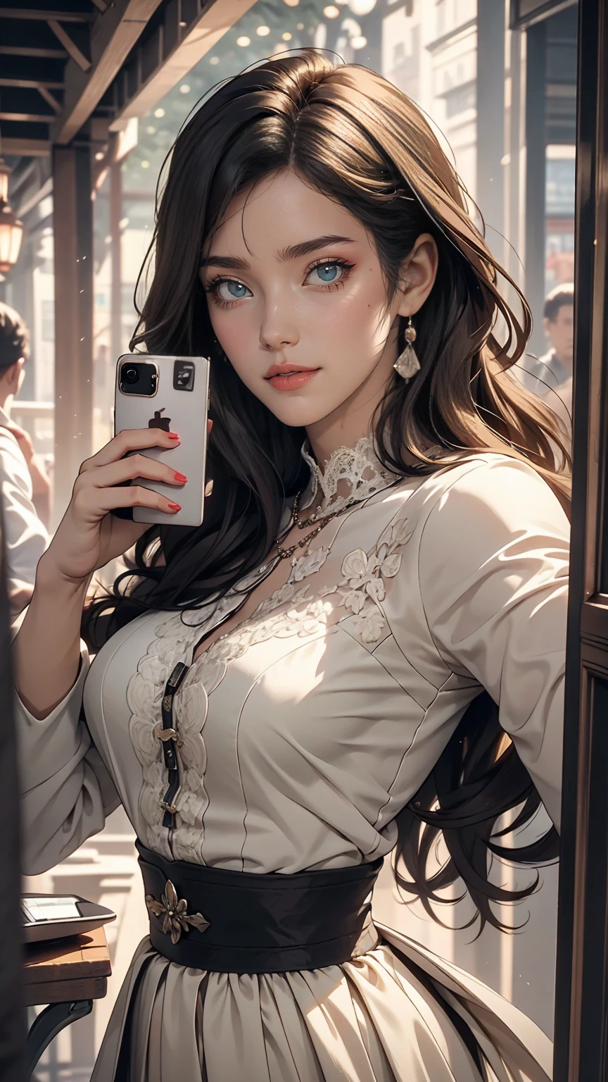 (alone:1.3)), One girl, highest quality, Genuineistic, Realistic, highest quality, masterpiece, Very delicate and beautiful, Very detailed, (Selfie:1.2), The finer details, Super detailed, High resolution, Very detailed, Genuineistic, Ultra High resolution, highest quality, Ultra High resolution, (Genuine:1.4), High-quality texture, Wear a thin white summer knit, On the roof, bangs, Long Hair , Afternoon Light, Wonderful sky and clouds