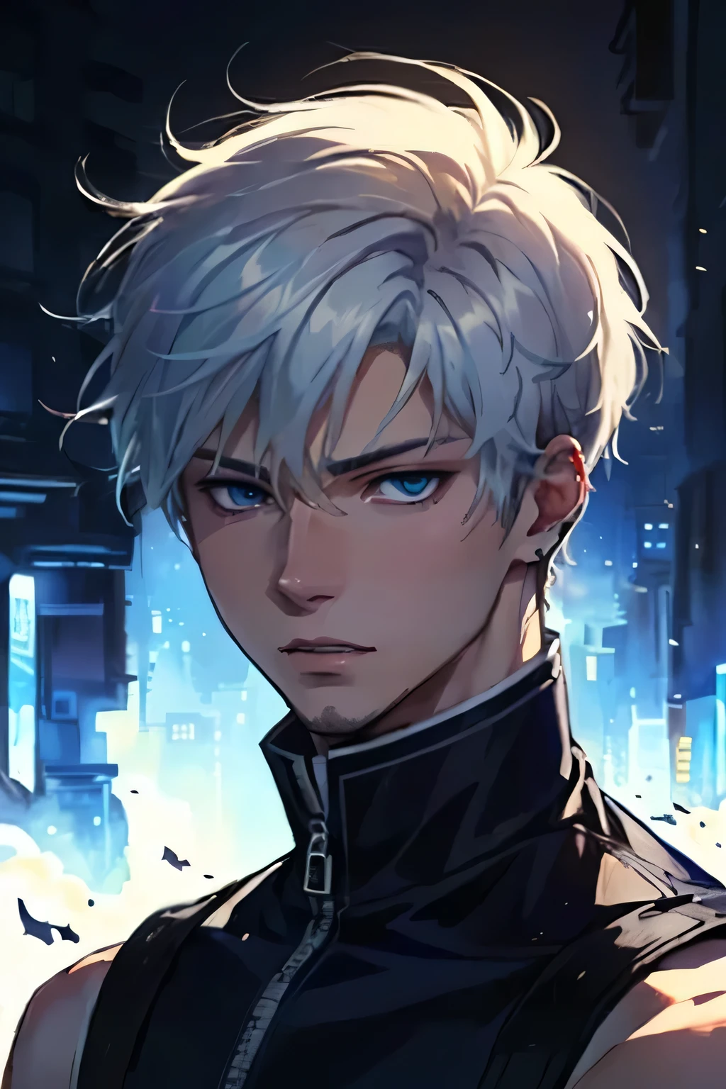 a man with white hair and blue eyes standing in front of a city, male anime character, trigger anime artstyle, tall anime guy with blue eyes, ken kaneki, male anime style, white haired, white-haired, nagito komaeda, thancred waters, young anime man, xqc, kaneki ken, genos, portrait of thancred