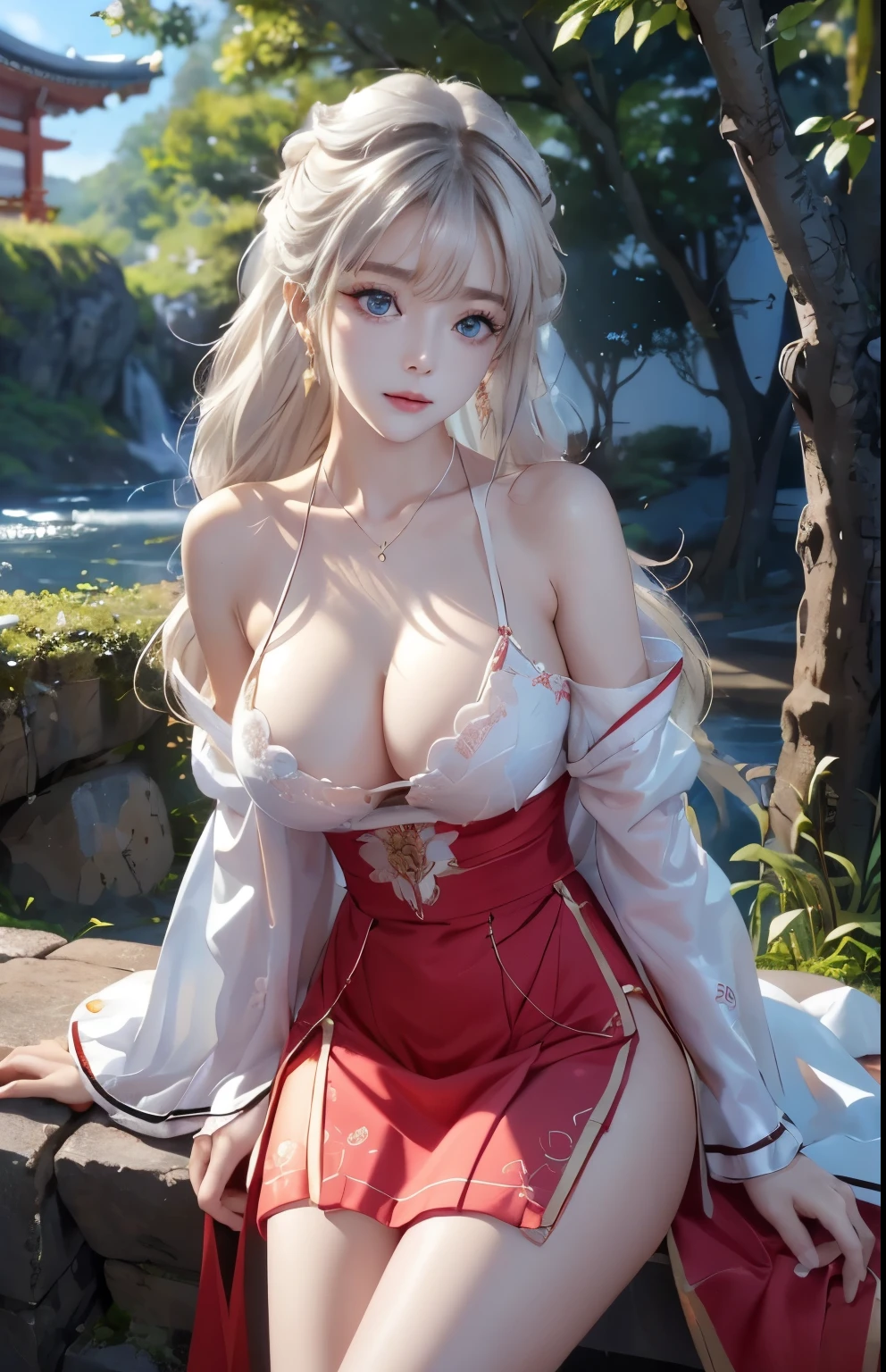 Nao Tomori/(Charlootte/), anime style, 1girl Focused, UHD, masterpiece, high quality, high details, best quality, highres, HD, 4K, depth of field, light over face, symmetry, Hasselblad, an extremely delicate and beautiful, extremely detailed, Amazing, finely detail, masterpiece, best quality, official art, Highres, incredibly Highres, huge filesize, ultra-detailed, highres, extremely detailed, beautiful detailed girl, female focus, mature female, (sexy Asian female:1.45), adult, ultra white skin, delicate face, delicate skin, realistic skin, make over face, (looking at viewer)!!, (curvy hair tied up)!!, (bare shoulders)!!, blush, closed mouth, seductive smile, fresh lips, detached sleeves, earrings, fingernails, hair between eyes, White hair bangs, (ultra shine white hair)!!, very long hair, detailed realistic hair, japanese clothes, (white one piece clothes)!!!, detailed realistic clothes, neck garter, necklace, plump breasts, (breast cleavage)!!, super seductive temptation, open skirt, slim legs, petticoat, fishnet legs, stockigs, smooth thighs cleavage, garter thighs, armpit, erotic, nontraditional Nao Tomori, (sharp eyes)!!, (eye's pupils colored by Blue:1.25)!!, (homochromatic eyes)!!, (exposed eyes)!!, (flower plain)!!, (leaning against a single tree)!!, waterfall, There are birds in the sky, There are butterflies, japanese shrine, The sky is blue, Nao Tomori/(Charlootte/), (correct anatomically)!!
