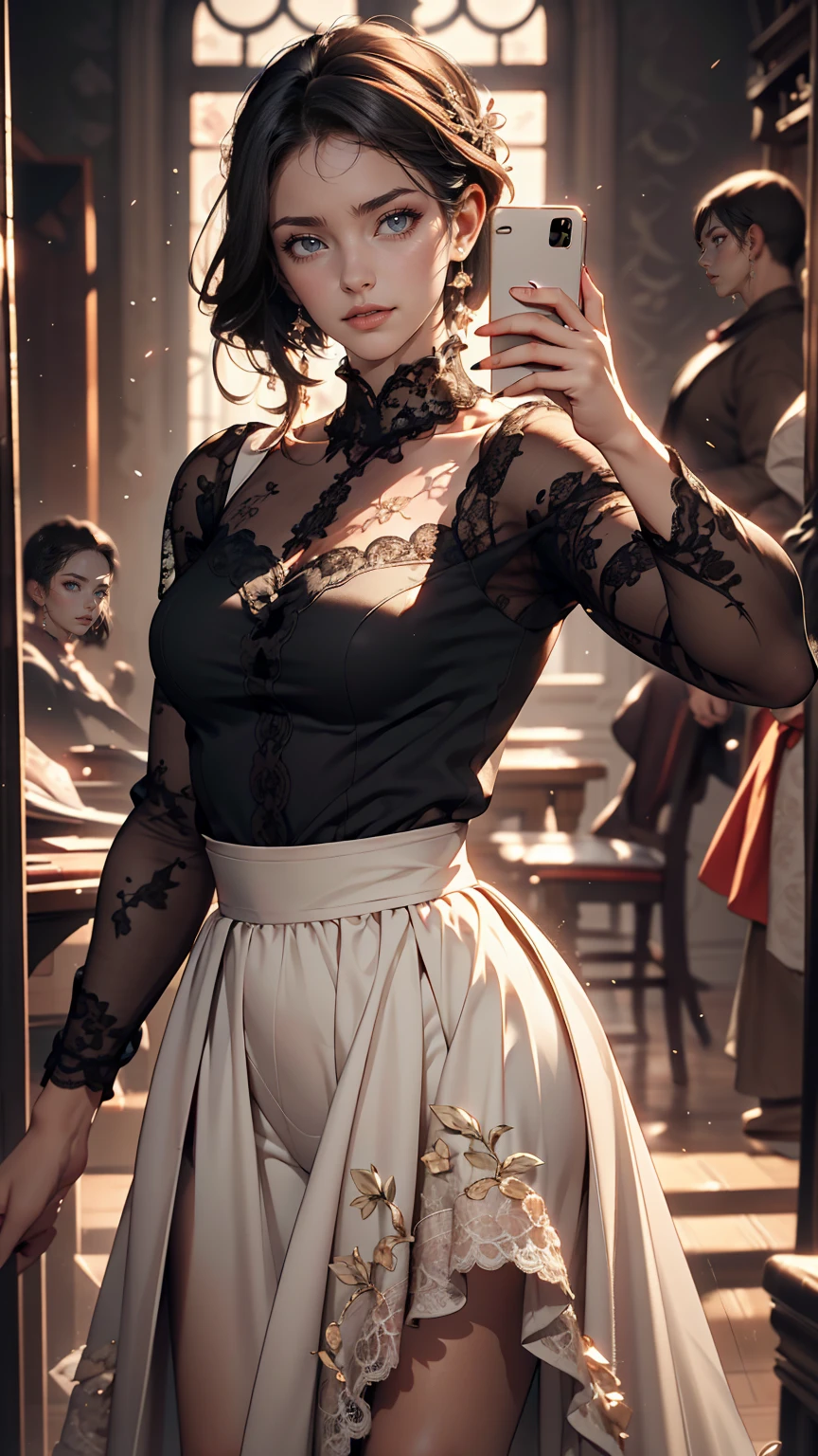 One girl, Short black hair, Taking a selfie with a mobile phone, Lace skirt, elegant, beautiful detailed eyes, beautiful detailed lips, extremely detailed face, Long eyelashes, Dynamic pose, Natural light, Realistic, 8k, High resolution, detailed, masterpiece, Intricate details, Cinematic, Warm tones