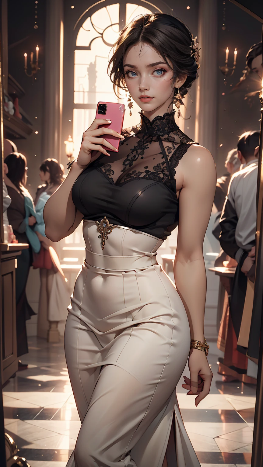 One girl, Short black hair, Taking a selfie with a mobile phone, Lace skirt, elegant, beautiful detailed eyes, beautiful detailed lips, extremely detailed face, Long eyelashes, Dynamic pose, Natural light, Realistic, 8k, High resolution, detailed, masterpiece, Intricate details, Cinematic, Warm tones