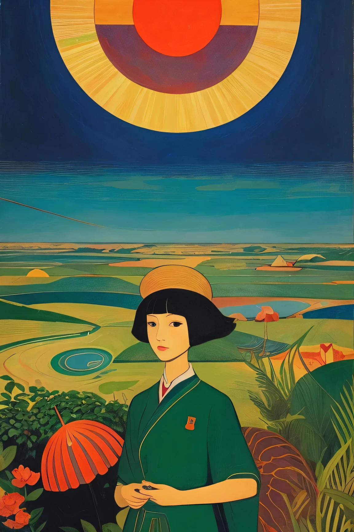 Contemporary painting、Semi-figurative and semi-abstract paintings、White background、oil、drawing、Bold and unpredictable brushstrokes（Grabbing）、A green sun in the upper left corner of the screen、Cobalt Blue Lines、Red color block、yellow stain、Black drawing lines、Thin green etched lines、Pencil lines、Vermillion Lines、Royal blue chunks、Green sphere、Red triangle、Black Volcano（Graphical Image）、The words of a poem are faintly drawn, and are indecipherable.（The jade sun shines in the distance）、A touch of impressionism、Surrealism、Cubist composition at the bottom of the screen、Five damaged Renaissance-style human figures at the bottom of the painting（Transmittance 20%）、Animals like those in the Lascaux caves（Transmittance 50%）、Tokyo skyscrapers、Gauguin-like unrealistic color composition、The dense forests of Iriomote Island、Daytime、The sun is shining、A leuconoe butterfly is flying、The entrance to the limestone cave is visible、A high school girl in uniform is standing、


Scenes from paintings：
「The jade sun shines somewhere in the world」