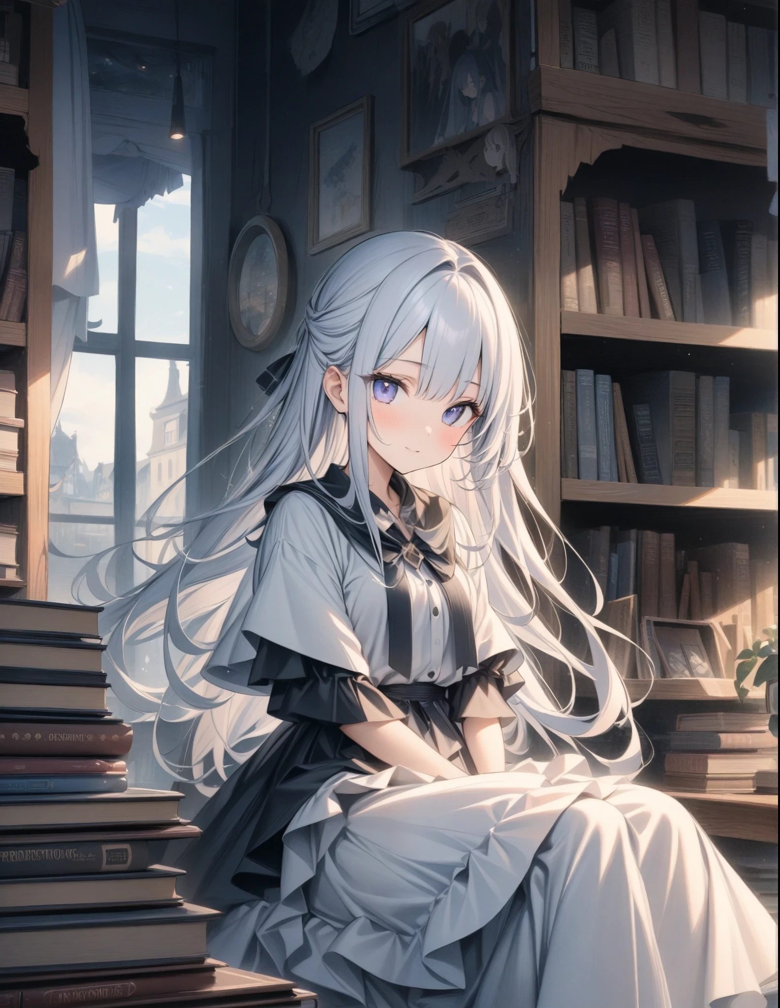 ((style:Colored pencil,pale colour)),f/1.8, 35mm, award winning, high quality, best quality, highres、(anime)、(masterpiece:1.2)、Old bookstore、Another world view、Girl sitting on book、Otherworldly costumes、cute、The light is coming in through the window and the dust is shining like streaks of light.、Light production、Nostalgic atmosphere、1People Girls、The wind blows my hair、A girl with a mysterious atmosphere