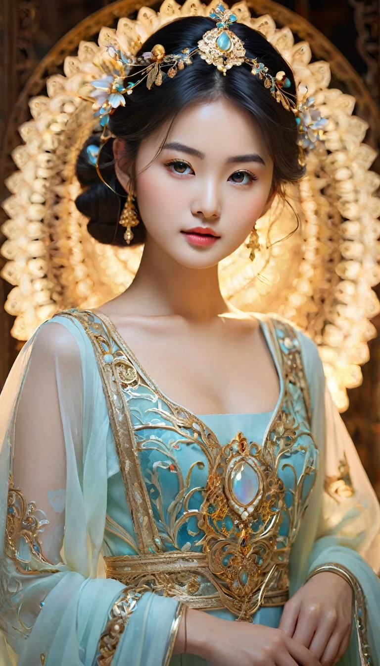 Create an image of a stunningly beautiful Asian girl with an angelic, innocent face. She should be adorned with radiant, intricate jewelry that catches the light. Her attire should be mystical and captivating, featuring rich fabrics, flowing designs, and intricate patterns that evoke a sense of wonder. The overall impression should be one of enchanting elegance, with a magical and mysterious aura surrounding her. Her posture and expression should convey a sense of ethereal grace and otherworldly charm.