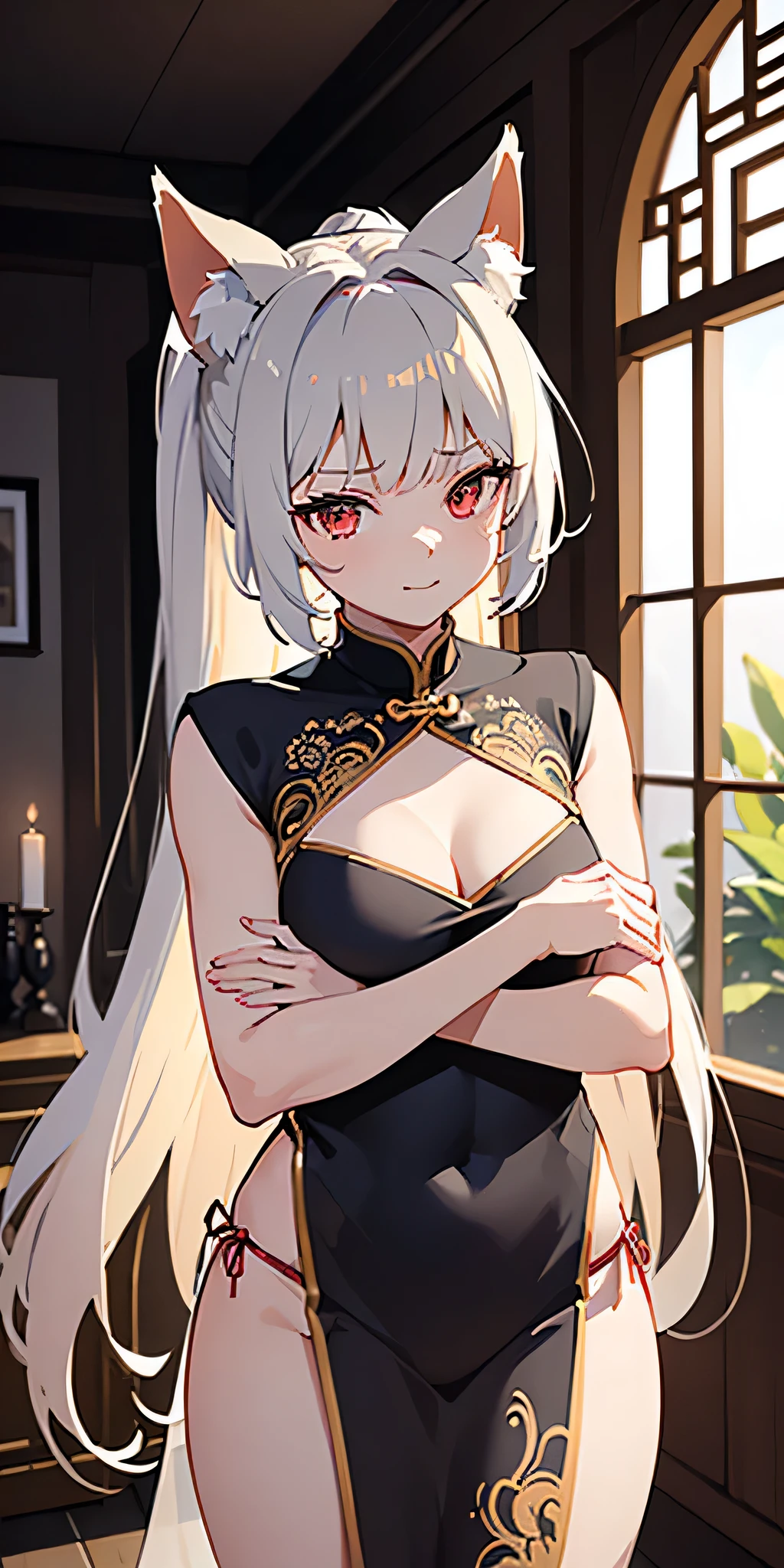 (((professional: Step by step, taking into account even the smallest detail, God-level final result, all intricate details, cowboy shot, solo 1girl view))): "1 fox girl, ruby eyes, fox ears, fox tail, high ponytail, firm breasts, medium breasts, smug, cute, short black china dress, very low-cut, (light clothing very thin and transparent like air), side full body, pelvic curtain, thigh ribbon, (pumps:1), (hugging own leg:1.1), chinese style, indoors, sharp focus, looking at viewer, (intricate:1.3), red light theme, (orange tone:0.7), illustration, nsfw,+18"