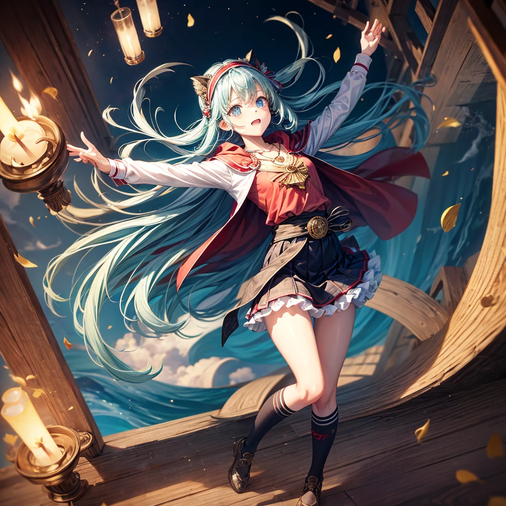 Aqua blue hair、Golden Eyes、Braid、One good looking girl、solo、anime、Checkered mini skirt、Ruffles on the skirt、Red T-shirt、Cape、Gothic、Black knee-high socks、bandana、Fluffy clothes、Wearing a ribbon、Ribbon on waist、Tilting face、Teeth are visible、Sunset sky、Piercing the clouds、Contrail、lotus leaves、Cumulonimbus、Pillar of Light、candle fire、Silver coin necklace、A world of light、Spreading his arms for balance、From above
