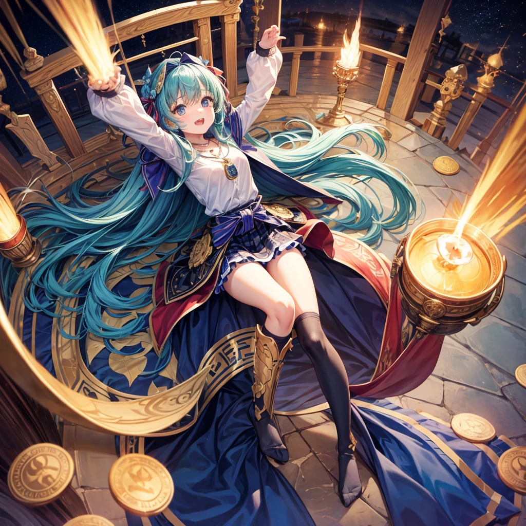 Aqua blue hair、Golden Eyes、Braid、One good looking girl、solo、anime、Checkered mini skirt、Ruffles on the skirt、Red T-shirt、Cape、Gothic、Black knee-high socks、bandana、Fluffy clothes、Wearing a ribbon、Ribbon on waist、Tilting face、Teeth are visible、Sunset sky、Piercing the clouds、Contrail、lotus leaves、ulonimbus、Pillar of Light、candle fire、Silver coin necklace、A world of light、Spreading his arms for balance、From above