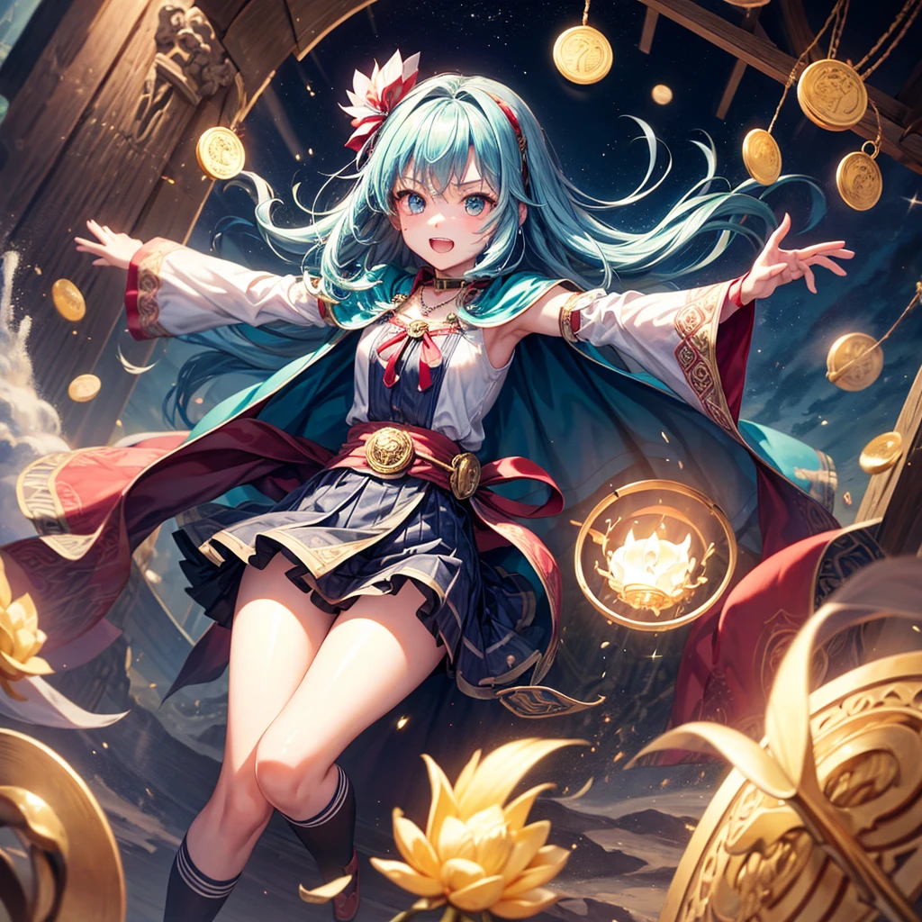 Aqua blue hair、Golden Eyes、Braid、One good looking girl、solo、anime、Checkered mini skirt、Ruffles on the skirt、Red T-shirt、Cape、Gothic、Black knee-high socks、bandana、Fluffy clothes、Wearing a ribbon、Ribbon on waist、Tilting face、Teeth are visible、Sunset sky、Piercing the clouds、Contrail、lotus leaves、Cumulonimbus、Pillar of Light、candle fire、Silver coin necklace、A world of light、Spreading his arms for balance、From above