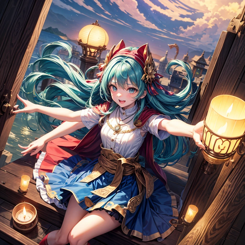 Aqua blue hair、Golden Eyes、Braid、One good looking girl、solo、anime、Checkered mini skirt、Ruffles on the skirt、Red T-shirt、Cape、Gothic、Black knee-high socks、bandana、Fluffy clothes、Wearing a ribbon、Ribbon on waist、Tilting face、Teeth are visible、Sunset sky、Piercing the clouds、Contrail、lotus leaves、Cumulonimbus、Pillar of Light、candle fire、Silver coin necklace、A world of light、Spreading his arms for balance、From above