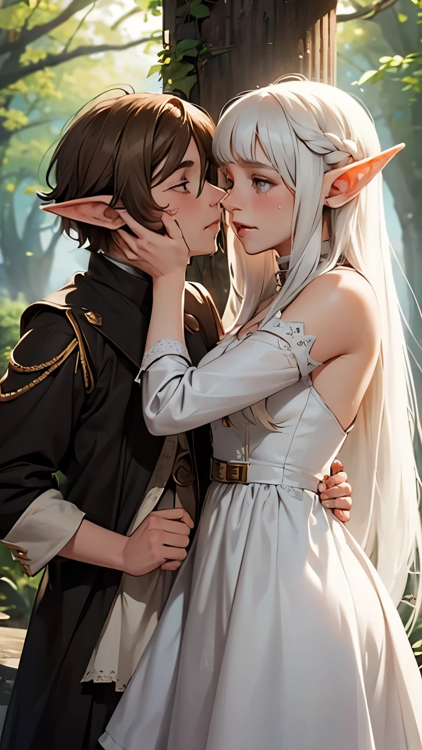 A young adult elf girl in a white dress and long white hair who is crying facing a adult elf boy with short brown hair and torn clothes who is also crying