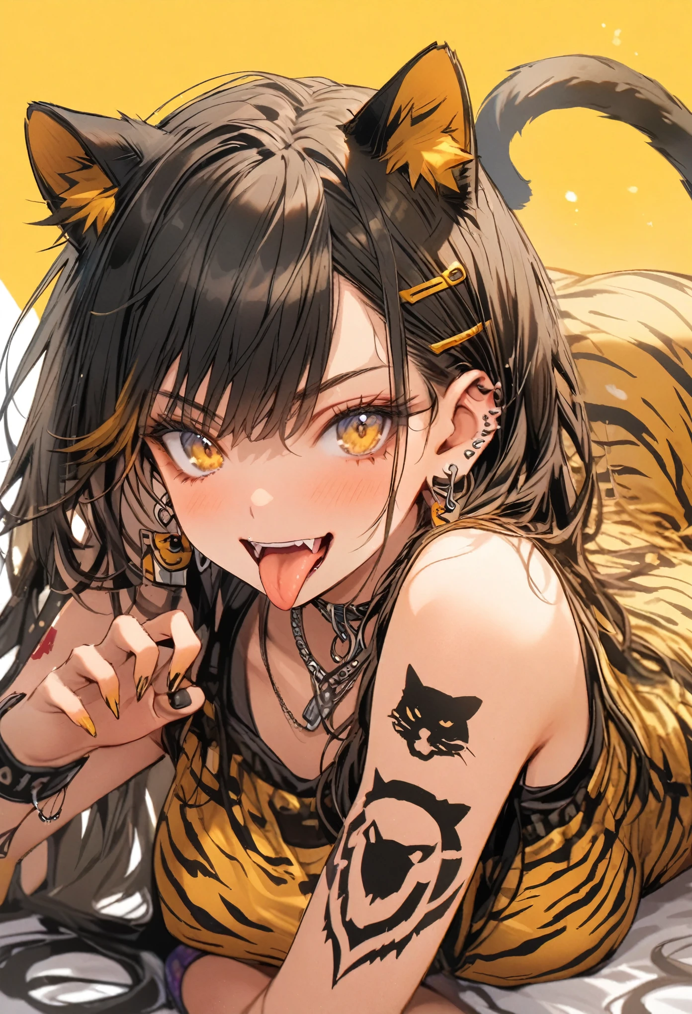 Yellow and black, Tiger pattern, tongue, Gal, Earrings, Tattoo, Cat Pose