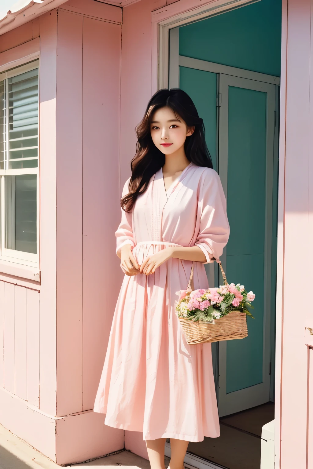 There is a woman standing by the window holding a flower basket., Full body cute lady, pastel colors, Feminine with cute pastel tones, pink clothes, In pastel tones, In soft pink color, Summer morning sunshine, pastel clothing, Against the backdrop of natural light, Korean female fashion model, feminine In pastel tones, (Highly detailed facial expressions),