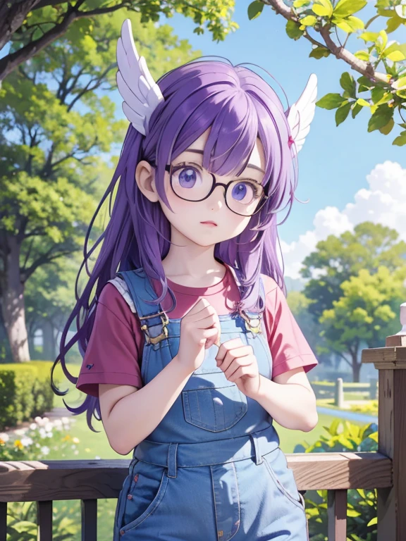 masterpiece, highest quality, Very detailed, 16k, Ultra-high resolution, Cowboy Shot, Detailed face, Perfect Fingers, One , Garden of the mansion, arale, glasses, blue eyes, long hair, purple hair, short sleeves, wing hat, wing cap, red shirt, blue overalls