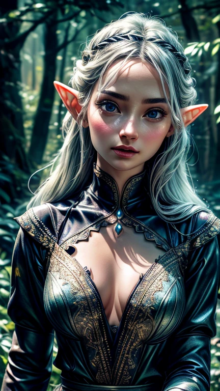 A beautiful elf princess, intricate detailed fantasy portrait, ethereal glowing skin, long flowing silver hair, piercing eyes, delicate facial features, elegant ornate crown, graceful posture, flowing dress, magical forest background, sunlight streaming through the trees, vibrant colors, cinematic lighting, photorealistic, (best quality, 8k, highres, masterpiece:1.2), ultra-detailed, (realistic, photorealistic, photo-realistic:1.37), HDR, UHD, studio lighting, ultra-fine painting, sharp focus, physically-based rendering, extreme detail description, professional, vivid colors, bokeh