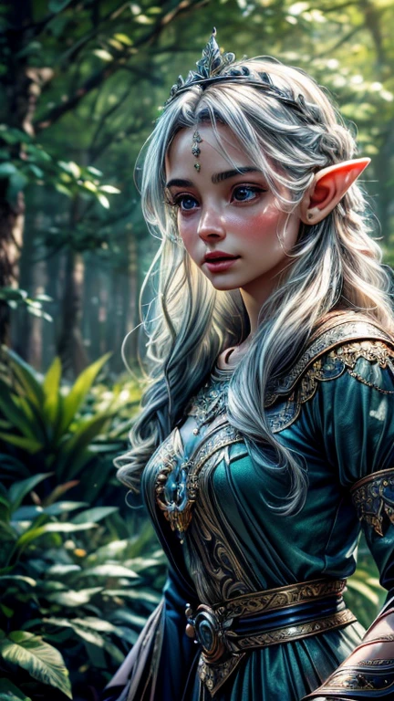A beautiful elf princess, intricate detailed fantasy portrait, ethereal glowing skin, long flowing silver hair, piercing eyes, delicate facial features, elegant ornate crown, graceful posture, flowing dress, magical forest background, sunlight streaming through the trees, vibrant colors, cinematic lighting, photorealistic, (best quality, 8k, highres, masterpiece:1.2), ultra-detailed, (realistic, photorealistic, photo-realistic:1.37), HDR, UHD, studio lighting, ultra-fine painting, sharp focus, physically-based rendering, extreme detail description, professional, vivid colors, bokeh