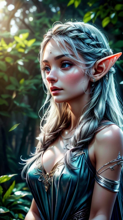 A beautiful elf princess, intricate detailed fantasy portrait, ethereal glowing skin, long flowing silver hair, piercing eyes, delicate facial features, elegant ornate crown, graceful posture, flowing dress, magical forest background, sunlight streaming through the trees, vibrant colors, cinematic lighting, photorealistic, (best quality, 8k, highres, masterpiece:1.2), ultra-detailed, (realistic, photorealistic, photo-realistic:1.37), HDR, UHD, studio lighting, ultra-fine painting, sharp focus, physically-based rendering, extreme detail description, professional, vivid colors, bokeh