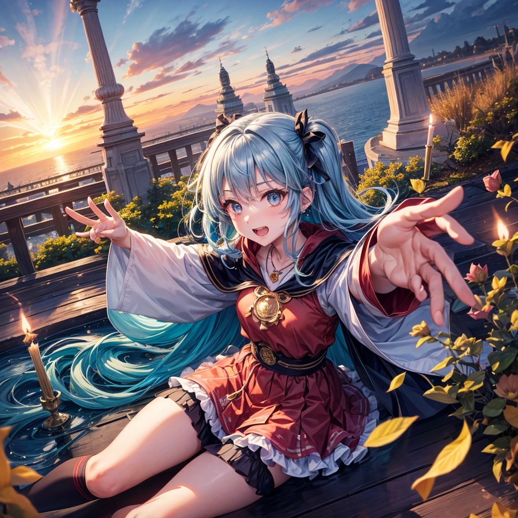 Aqua blue hair、Golden Eyes、Braid、One good looking girl、solo、anime、Checkered mini skirt、Ruffles on the skirt、Red T-shirt、Cape、Gothic、Black knee-high socks、bandana、Fluffy clothes、Wearing a ribbon、Ribbon on waist、Tilting face、Teeth are visible、Sunset sky、Piercing the clouds、Contrail、lotus leaves、Cumulonimbus、Pillar of Light、candle fire、Silver coin necklace、A world of light、Spreading his arms for balance、From above