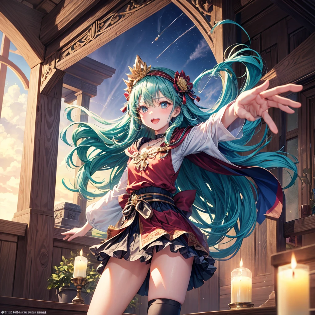 Aqua blue hair、Golden Eyes、Braid、One good looking girl、solo、anime、Checkered mini skirt、Ruffles on the skirt、Red T-shirt、Cape、Gothic、Black knee-high socks、bandana、Fluffy clothes、Wearing a ribbon、Ribbon on waist、Tilting face、Teeth are visible、Sunset sky、Piercing the clouds、Contrail、lotus leaves、Cumulonimbus、Pillar of Light、candle fire、Silver coin necklace、A world of light、Spreading his arms for balance、From above