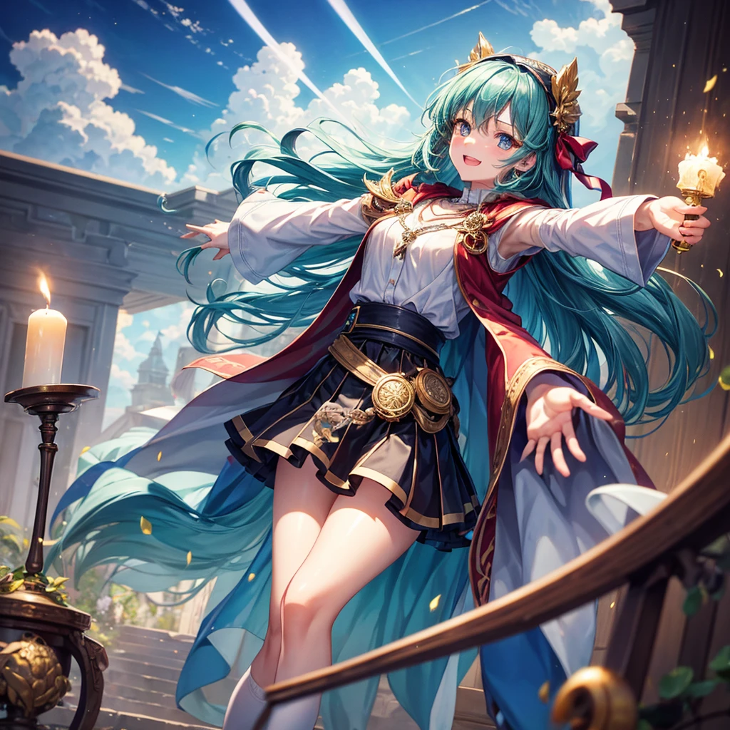 Aqua blue hair、Golden Eyes、Braid、One good looking girl、solo、anime、Checkered mini skirt、Ruffles on the skirt、Red T-shirt、Cape、Gothic、Black knee-high socks、bandana、Fluffy clothes、Wearing a ribbon、Ribbon on waist、Tilting face、Teeth are visible、Sunset sky、Piercing the clouds、Contrail、lotus leaves、Cumulonimbus、Pillar of Light、candle fire、Silver coin necklace、A world of light、Spreading his arms for balance、From above