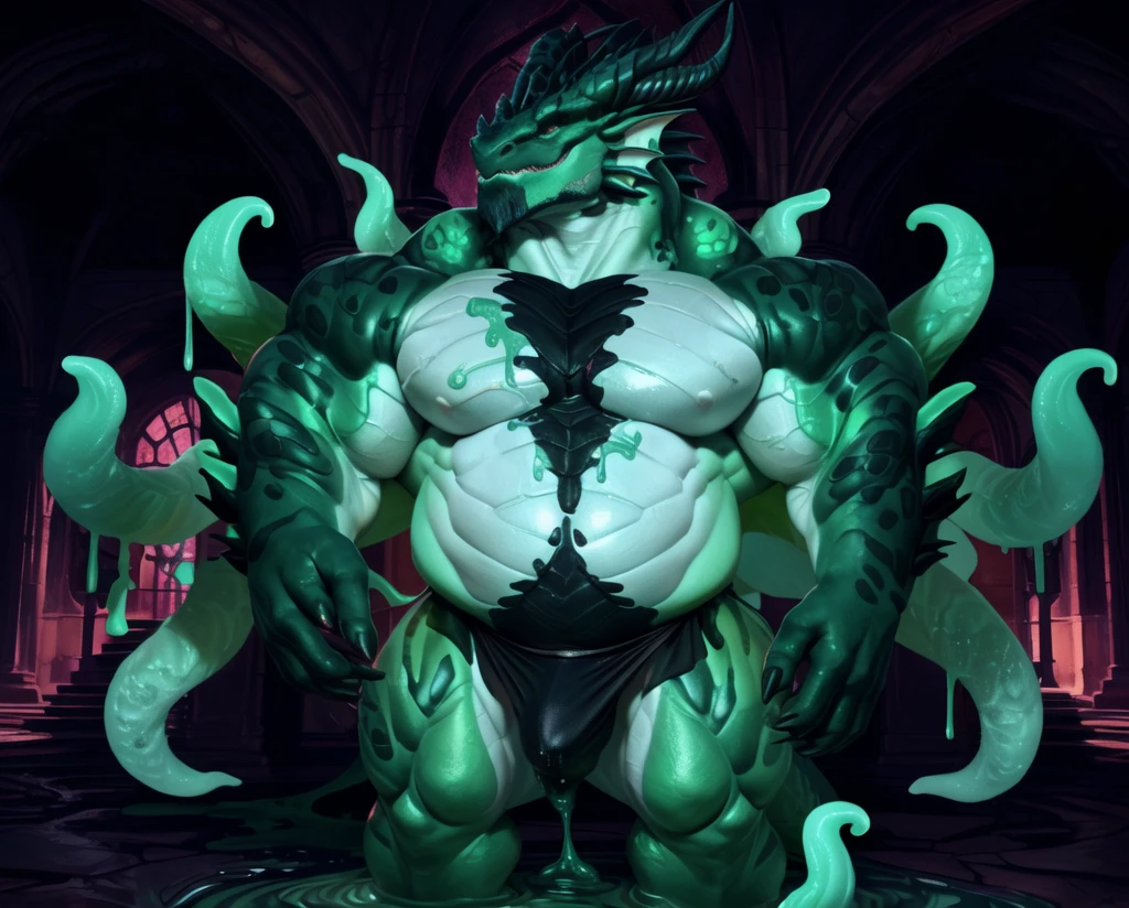 solo, 1boy, Huge Muscular, (midnight green skin), (Wears a black loincloth and no clothes), short white hair, bearded, mustache, fullbody, masterpiece, high detailed, 8k, high resolution, nice bulge, (masterpiece, best quality:1.2), alone, (muscular), (half dragon):1.3, full body, (slime demon), slime skin, water like skin, delicate eyes, his trunk is a long tentacle, his trunk is a huge tentacle, Cute animal claws, Fluid spilled all over the body, full body, Air leakage in lower body, Liquid leaking from the lower body, Milk spilled all over the floor, Detailed background, realistically, realistic hand, 8k high dynamic range, dark shadow, wide dynamic range,high dynamic range,emphasize:1.2