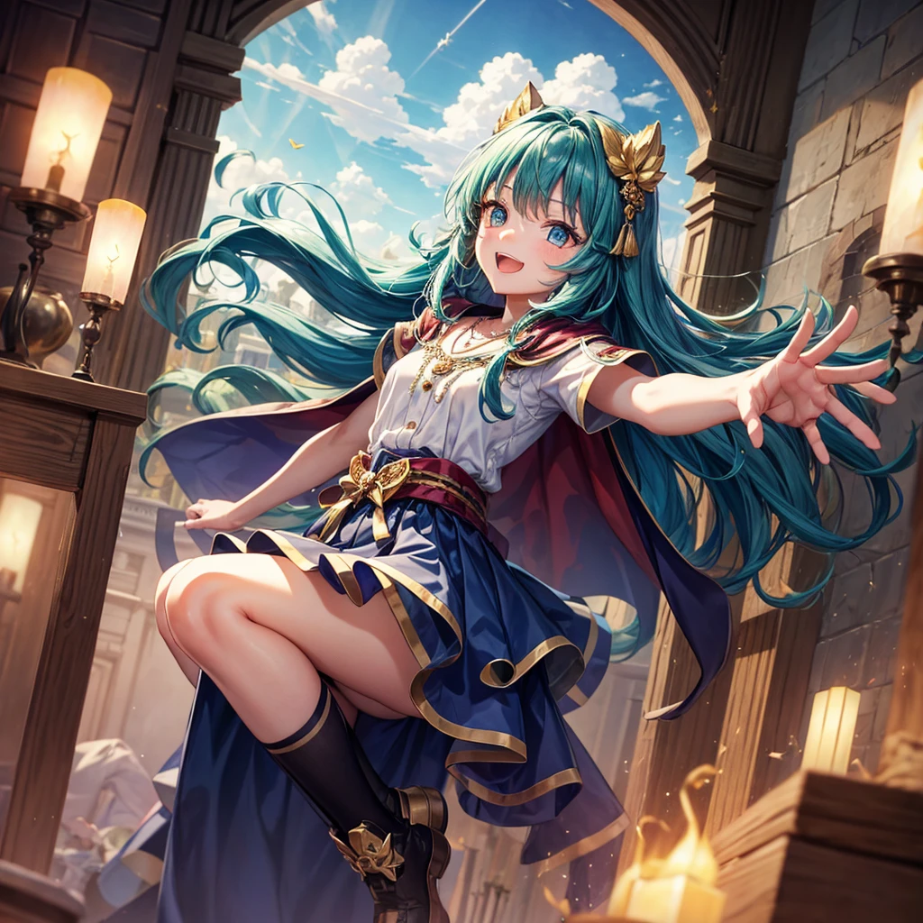 Aqua blue hair、Golden Eyes、Braid、One good looking girl、solo、anime、Checkered mini skirt、Ruffles on the skirt、Red T-shirt、Cape、Gothic、Black knee-high socks、bandana、Fluffy clothes、Wearing a ribbon、Ribbon on waist、Tilting face、Teeth are visible、Sunset sky、Piercing the clouds、Contrail、lotus leaves、Cumulonimbus、Pillar of Light、candle fire、Silver coin necklace、A world of light、Spreading his arms for balance、From above