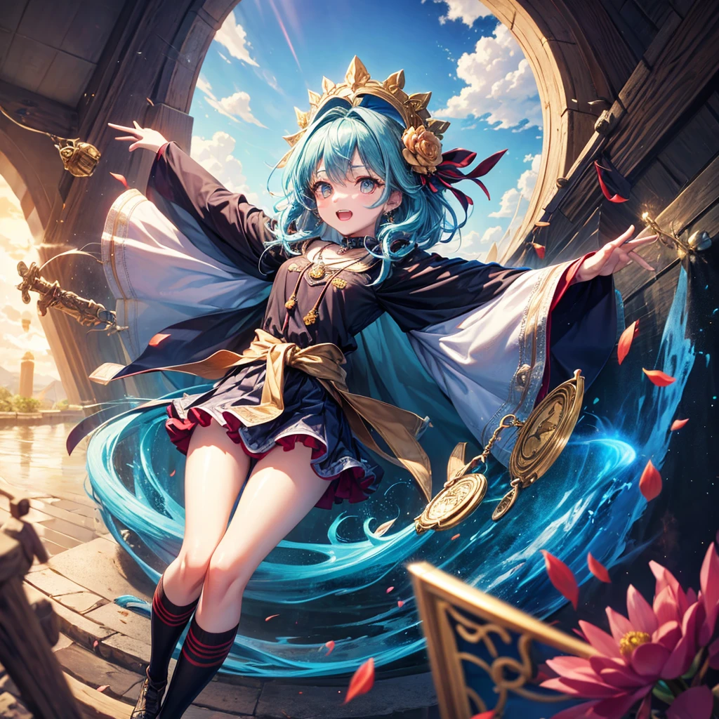 Aqua blue hair、Golden Eyes、Braid、One good looking girl、solo、anime、Checkered mini skirt、Ruffles on the skirt、Red T-shirt、Cape、Gothic、Black knee-high socks、bandana、Fluffy clothes、Wearing a ribbon、Ribbon on waist、Tilting face、Teeth are visible、Sunset sky、Piercing the clouds、Contrail、lotus leaves、Cumulonimbus、Pillar of Light、candle fire、Silver coin necklace、A world of light、Spreading his arms for balance、From above