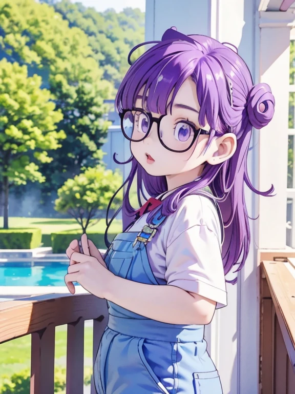 masterpiece, highest quality, Very detailed, 16k, Ultra-high resolution, Cowboy Shot, Detailed face, Perfect Fingers, One 8--old l, Garden of the mansion, arale, glasses, blue eyes, long hair, purple hair, short sleeves, wing hat, wing cap, red shirt, blue overalls