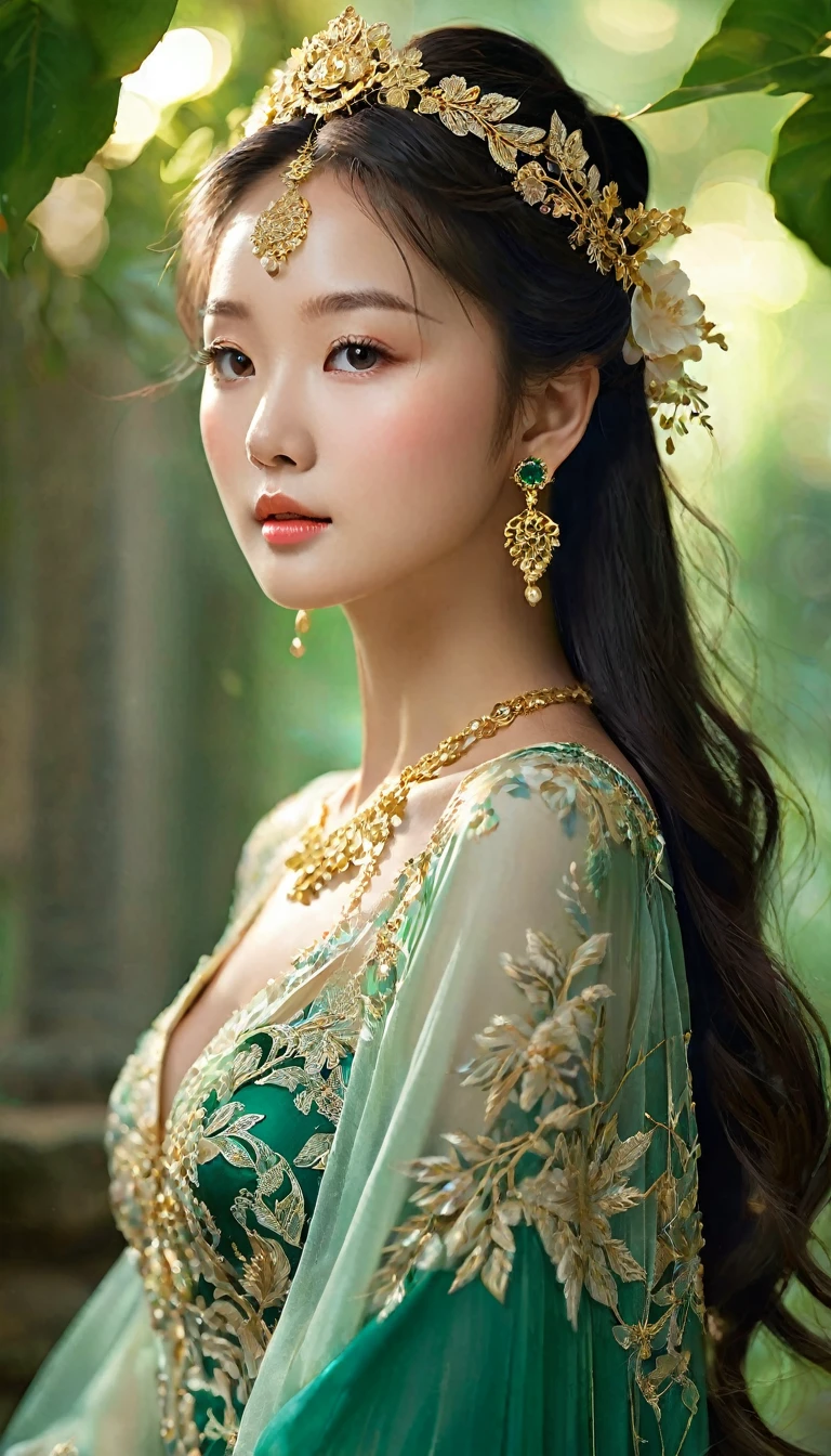 Create a masterpiece image of an exceptionally beautiful Asian girl with an angelic and innocent face. She should be adorned with radiant, intricate jewelry that catches the light, including gemstone earrings, a sparkling necklace, and delicate bracelets. Her attire should be mystical and captivating, made from rich fabrics such as silk and satin, with flowing designs and intricate patterns like classic floral motifs or mystical symbols.
She could be wearing a long dress with light, ethereal layers in enchanting colors like emerald green, twilight purple, or wine red, with meticulously embroidered details in gold or silver thread. Her hair could be long and silky, styled naturally or elegantly pinned up with delicate hair accessories like gold pins or fresh flowers.
The background should be an enchanting setting, perhaps a magical forest with shimmering light filtering through the leaves, or an ancient palace with intricate architecture and flickering candlelight. The lighting in the image should be professionally arranged, with soft rays gently illuminating her body and face, creating a shimmering and magical effect. Her posture and expression should convey a graceful elegance and an otherworldly charm, as if she is a goddess or a character stepping out of legend.