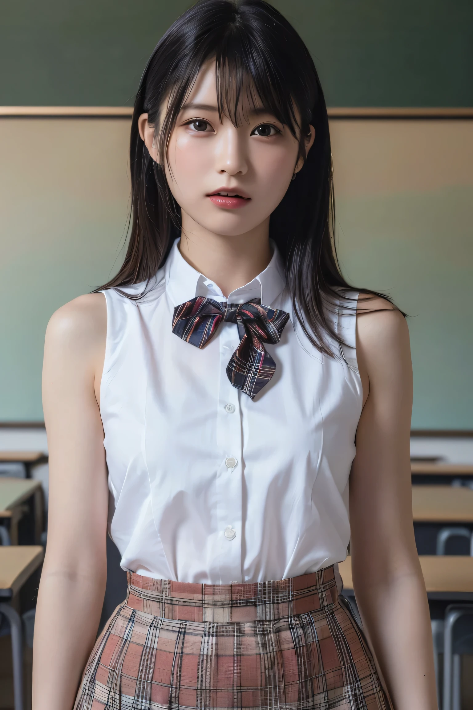 (best quality:1.4),(masterpiece:1.4),(photorealistic:1.4),(Realistic:1.2),(ultra high res, raw photo:1.4),(hdr, hyperdetailed:1.2),(8K:1.2),cinematic photo,photo of black hair,1girl,solo,wearing ,plaid skirt,kneehighs,bowtie,standing,((Japanese classroom)),、((Upper Body:1.3))