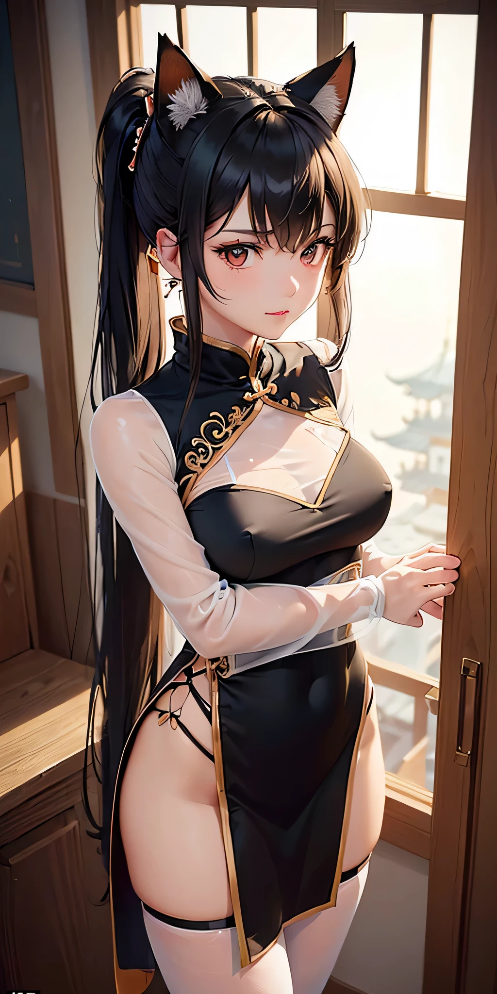 (((professional: Step by step, taking into account even the smallest detail, God-level final result, all intricate details, cowboy shot, solo 1girl view))): "1 fox girl, ruby eyes, fox ears, fox tail, high ponytail, firm breasts, medium breasts, smug, cute, short black china dress, very low-cut, (light clothing very thin and transparent like air), side full body, pelvic curtain, thigh ribbon, (pumps:1), (hugging own leg:1.1), chinese style, indoors, sharp focus, looking at viewer, (intricate:1.3), red light theme, (orange tone:0.7), illustration, "