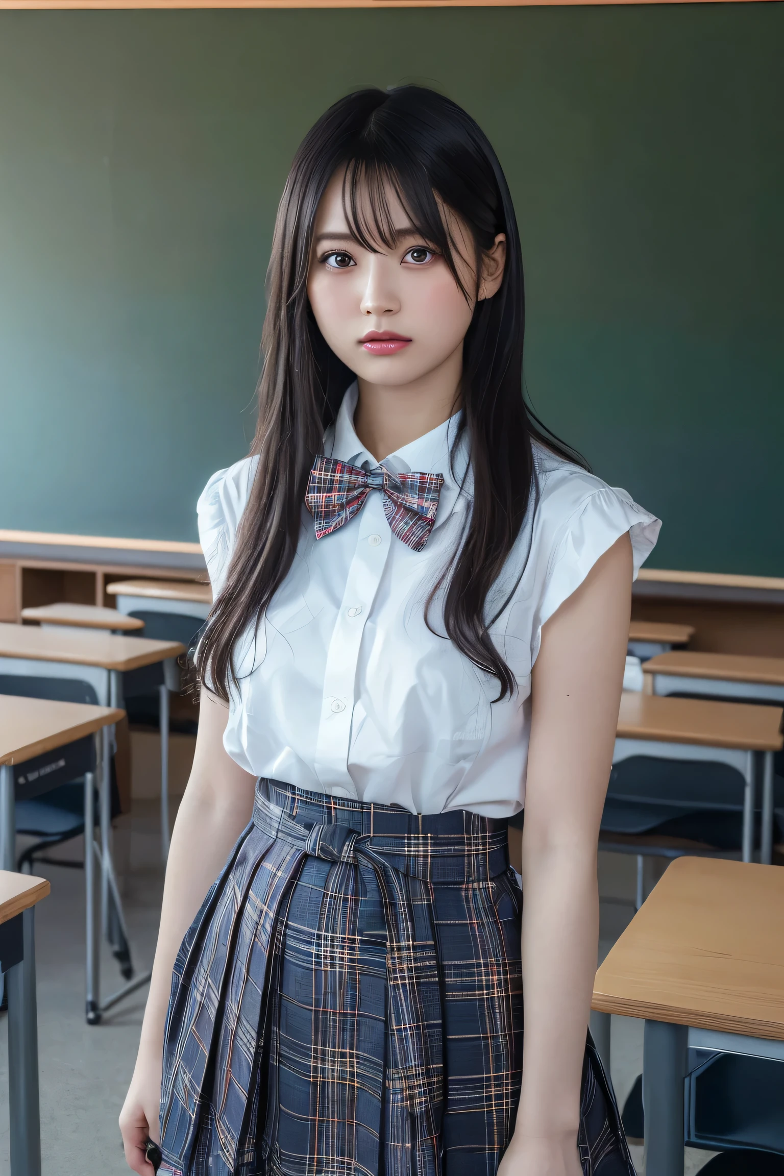 (best quality:1.4),(masterpiece:1.4),(photorealistic:1.4),(Realistic:1.2),(ultra high res, raw photo:1.4),(hdr, hyperdetailed:1.2),(8K:1.2),cinematic photo,photo of black hair,1girl,solo,wearing ,plaid skirt,kneehighs,bowtie,standing,((Japanese classroom)),、((Upper Body:1.3))