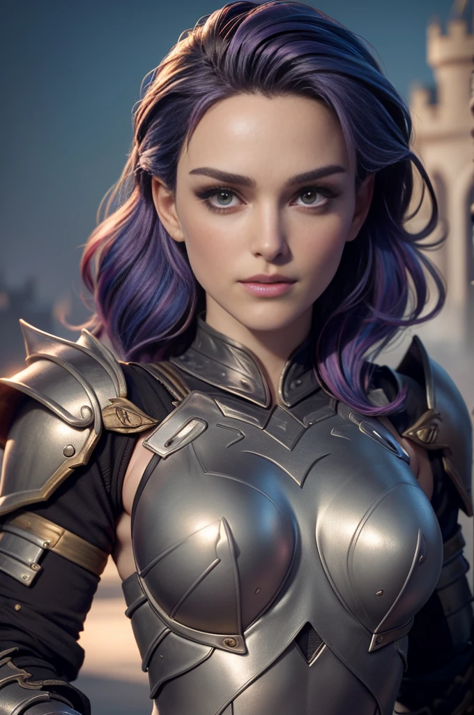 celebrity photo, brut, belle femme, ((portrait)), ((detailed face, colorful rainbow hair:1.2)), ((detailed facial feature, detailed skin, peau propre, parted lips), (corps parfaitement proportionné, seins moyens, clivage), (portant une élégante armure dorée, full armor: 1.5)), (high detailed castle: 1.3), (Realistic photo, Best quality, detailed), (Fond d'écran 8K), (Cinematic lighting, Dramatic lighting) (Sharpness, Complexe), topless
