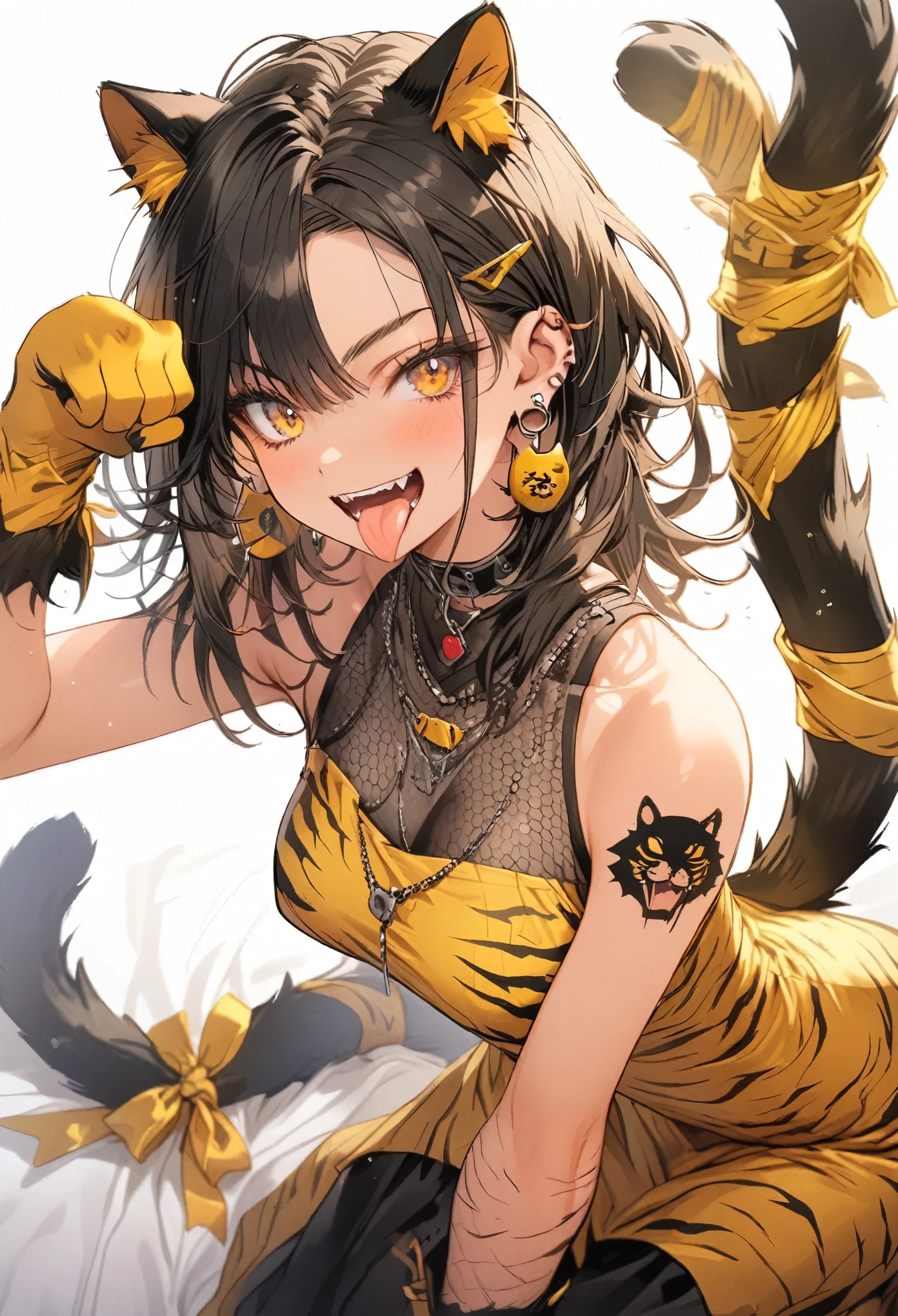 Yellow and black, Tiger pattern, tongue, Gal, Earrings, Tattoo, Cat Pose