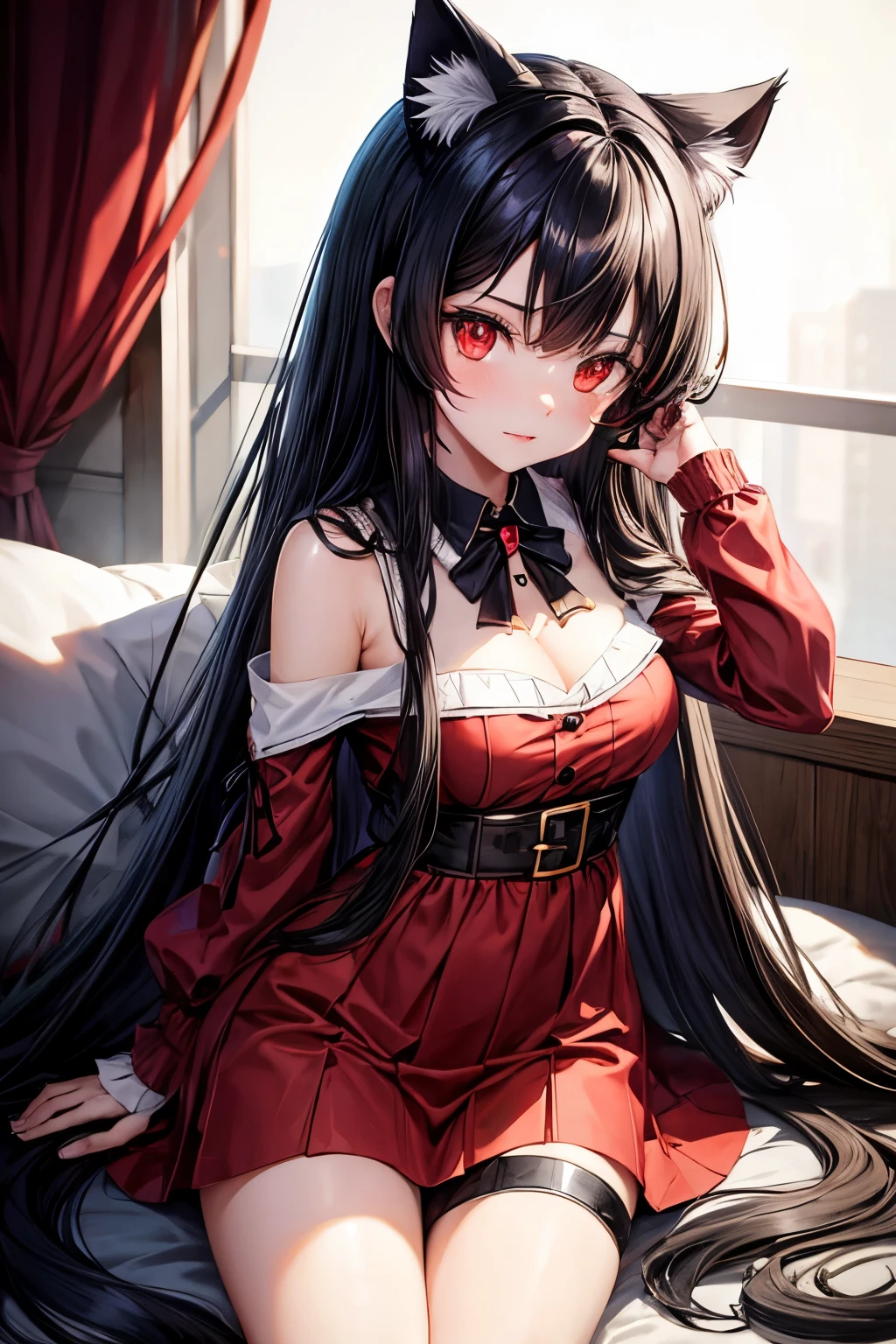 Long black hair, cat ears, red eyes, , Nekomata