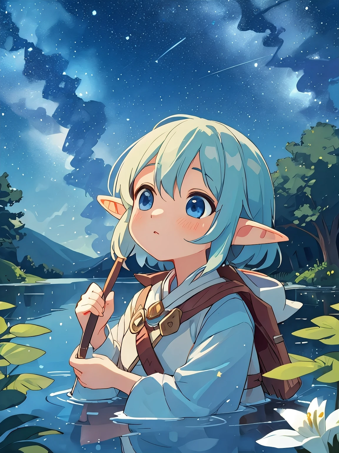 An elf looking up at the starry sky、A photo of a quiet lakeside。The elf's shiny clothes sparkle in the moonlight.、The fantastic light effects envelop the whole。