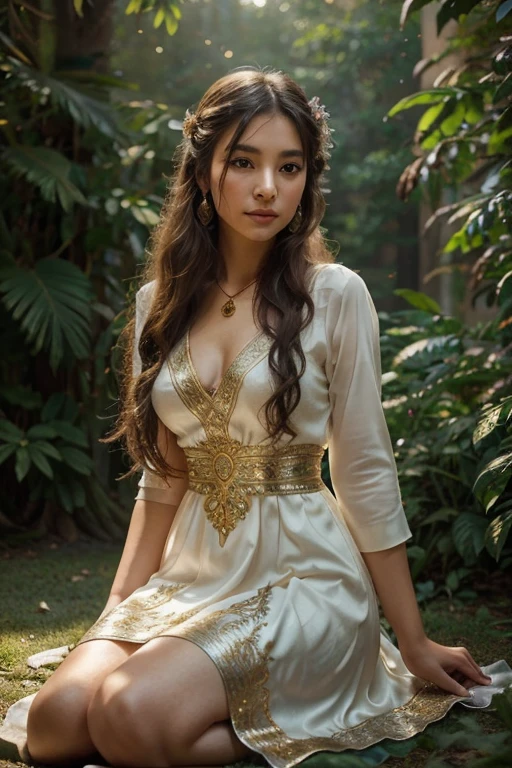 Create a masterpiece image of an exceptionally beautiful Asian girl with an angelic and innocent face. She should be adorned with radiant, intricate jewelry that catches the light, including gemstone earrings, a sparkling necklace, and delicate bracelets. Her attire should be mystical and captivating, made from rich fabrics such as silk and satin, with flowing designs and intricate patterns like classic floral motifs or mystical symbols.
She could be wearing a long dress with light, ethereal layers in enchanting colors like emerald green, twilight purple, or wine red, with meticulously embroidered details in gold or silver thread. Her hair could be long and silky, styled naturally or elegantly pinned up with delicate hair accessories like gold pins or fresh flowers.
The background should be an enchanting setting, perhaps a magical forest with shimmering light filtering through the leaves, or an ancient palace with intricate architecture and flickering candlelight. The lighting in the image should be professionally arranged, with soft rays gently illuminating her body and face, creating a shimmering and magical effect. Her posture and expression should convey a graceful elegance and an otherworldly charm, as if she is a goddess or a character stepping out of legend.