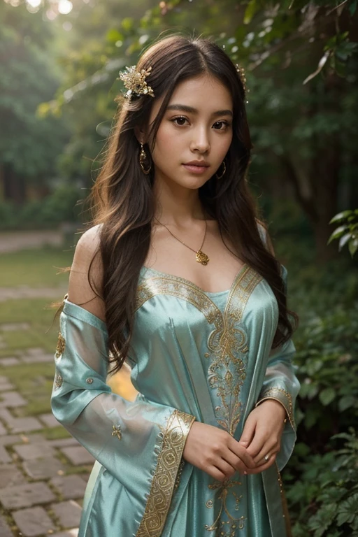 Create a masterpiece image of an exceptionally beautiful Asian girl with an angelic and innocent face. She should be adorned with radiant, intricate jewelry that catches the light, including gemstone earrings, a sparkling necklace, and delicate bracelets. Her attire should be mystical and captivating, made from rich fabrics such as silk and satin, with flowing designs and intricate patterns like classic floral motifs or mystical symbols.
She could be wearing a long dress with light, ethereal layers in enchanting colors like emerald green, twilight purple, or wine red, with meticulously embroidered details in gold or silver thread. Her hair could be long and silky, styled naturally or elegantly pinned up with delicate hair accessories like gold pins or fresh flowers.
The background should be an enchanting setting, perhaps a magical forest with shimmering light filtering through the leaves, or an ancient palace with intricate architecture and flickering candlelight. The lighting in the image should be professionally arranged, with soft rays gently illuminating her body and face, creating a shimmering and magical effect. Her posture and expression should convey a graceful elegance and an otherworldly charm, as if she is a goddess or a character stepping out of legend.