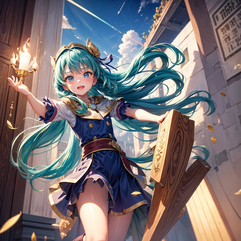 Aqua blue hair、Golden Eyes、Braid、One good looking girl、solo、anime、Checkered mini skirt、Ruffles on the skirt、Red T-shirt、Cape、Gothic、Black knee-high socks、bandana、Fluffy clothes、Wearing a ribbon、Ribbon on waist、Tilting face、Teeth are visible、Sunset sky、Piercing the clouds、Contrail、lotus leaves、Cumulonimbus、Pillar of Light、candle fire、Silver coin necklace、A world of light、Spreading his arms for balance、From above