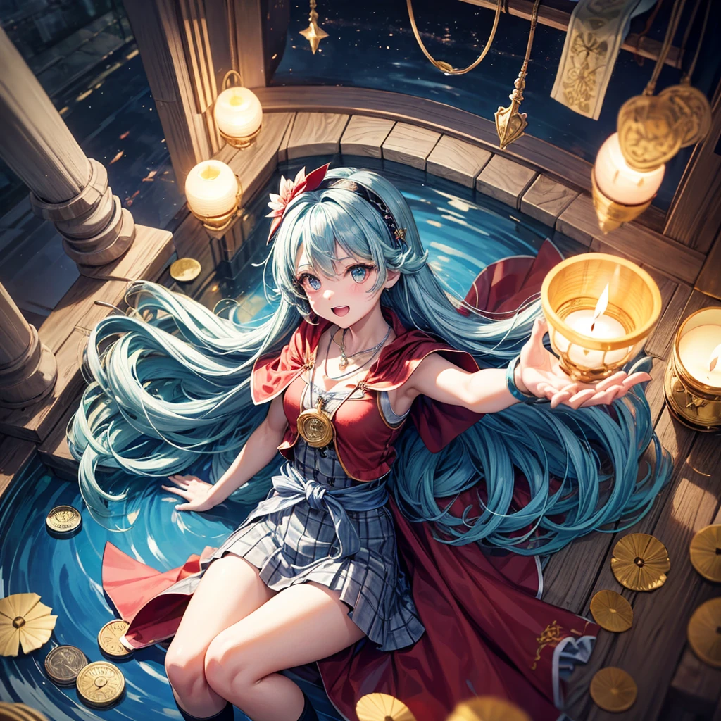 Aqua blue hair、Golden Eyes、Braid、One good looking girl、solo、anime、Checkered mini skirt、Ruffles on the skirt、Red T-shirt、Cape、Gothic、Black knee-high socks、bandana、Fluffy clothes、Wearing a ribbon、Ribbon on waist、Tilting face、Teeth are visible、Sunset sky、Piercing the clouds、Contrail、lotus leaves、Cumulonimbus、Pillar of Light、candle fire、Silver coin necklace、A world of light、Spreading his arms for balance、From above