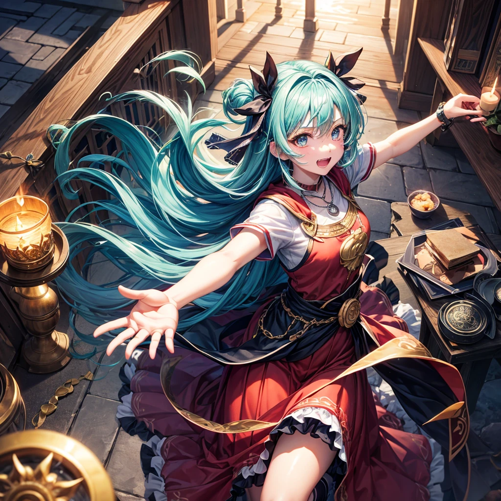 Aqua blue hair、Golden Eyes、Braid、One good looking girl、solo、anime、Checkered mini skirt、Ruffles on the skirt、Red T-shirt、Cape、Gothic、Black knee-high socks、bandana、Fluffy clothes、Wearing a ribbon、Ribbon on waist、Tilting face、Teeth are visible、Sunset sky、Piercing the clouds、Contrail、lotus leaves、Cumulonimbus、Pillar of Light、candle fire、Silver coin necklace、A world of light、Spreading his arms for balance、From above