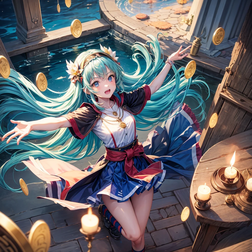 Aqua blue hair、Golden Eyes、Braid、One good looking girl、solo、anime、Checkered mini skirt、Ruffles on the skirt、Red T-shirt、Cape、Gothic、Black knee-high socks、bandana、Fluffy clothes、Wearing a ribbon、Ribbon on waist、Tilting face、Teeth are visible、Sunset sky、Piercing the clouds、Contrail、lotus leaves、Cumulonimbus、Pillar of Light、candle fire、Silver coin necklace、A world of light、Spreading his arms for balance、From above