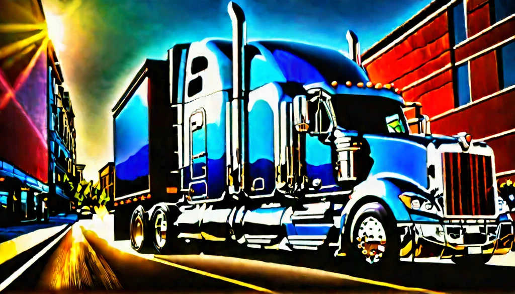 a magnificent 18-wheeler truck, hyper-realistic, glossy chrome accents, oversized wheels, cruising down a sunlit highway, dust trail, powerful, dynamic, contoured body, beveled edges, symmetrically correct, high dynamic range, stained glass effect, cinematic lighting, dramatic shadows, vivid colors, masterpiece, photoreal