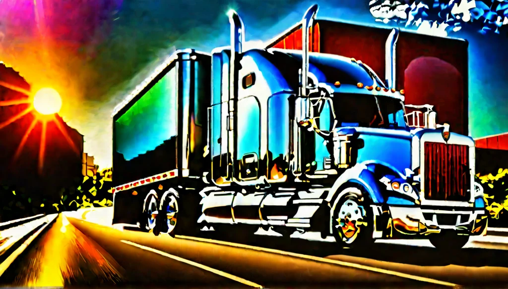a magnificent 18-wheeler truck, hyper-realistic, glossy chrome accents, oversized wheels, cruising down a sunlit highway, dust trail, powerful, dynamic, contoured body, beveled edges, symmetrically correct, high dynamic range, stained glass effect, cinematic lighting, dramatic shadows, vivid colors, masterpiece, photoreal