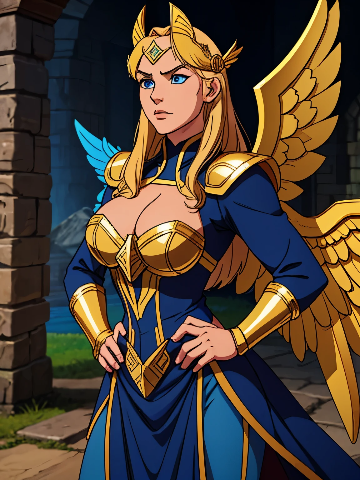 a blonde Asgardian heroine. She wears dark blue armor, gold trim, (((Norse helm with gold wings))), armored glove, deep v neck. stern expression. blond hair, long hair, blue eyes, (detailed eyes, detailed face), detailed hands, pretty face, round cheeks, soft face. heavy gauntlet covers one hand, armoured boots. Show her in a heroic pose with hands on her hips. castle ruins background.