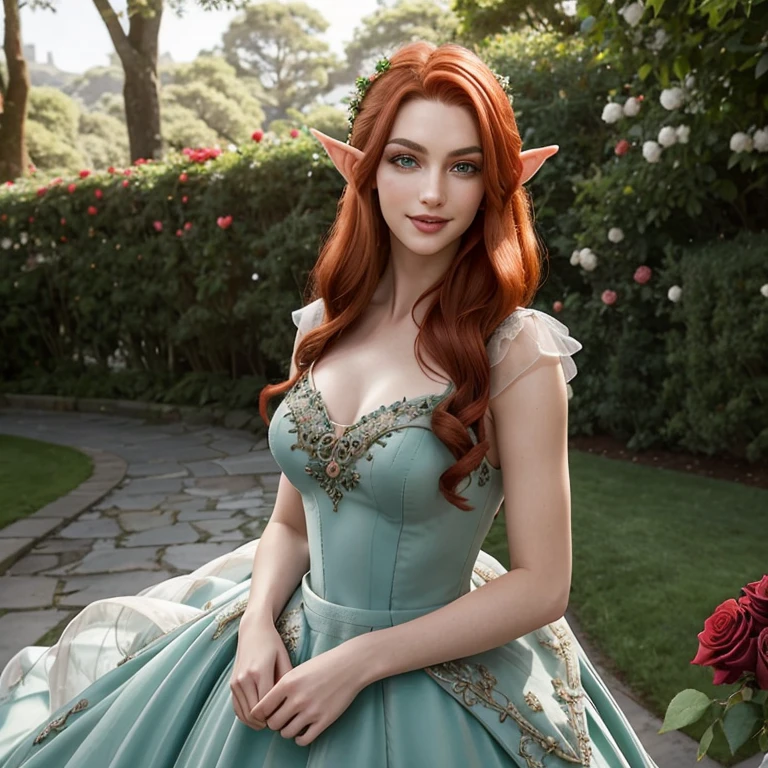 sexy, (seductivesmile:1.1), spellcasting, mysteriousatmosphere, (fantasy:1.4), florest scenery, (edgfd ballgown:1.5), (fantasy dress:1.1), (long dress:1.1), (ballgown with a lot of roses:1.1), hearts, flowers,, (masterpiece, high quality, best quality:1.3), extremely detailed, extremely intricate, realistic, hyperrealistic, fine texture, Extremely high-resolution details, 25 year old young, (elf, pointy ears:1.12), (reddish hair:1.3), almond eyes, (green eyes), [long hair], [curly hair], (eye shadow:1.1), 162cm tall, oval face, snub nose, heart-shaped lips, (arched eyebrows), (skinny:1.1)