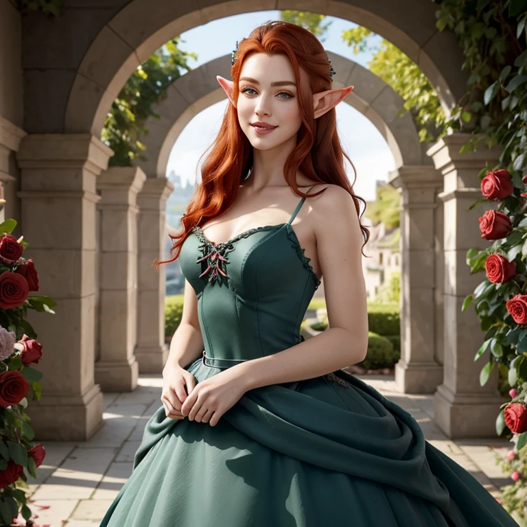sexy, (seductivesmile:1.1), spellcasting, mysteriousatmosphere, (fantasy:1.4), florest scenery, (edgfd ballgown:1.5), (fantasy dress:1.1), (long dress:1.1), (ballgown with a lot of roses:1.1), hearts, flowers,, (masterpiece, high quality, best quality:1.3), extremely detailed, extremely intricate, realistic, hyperrealistic, fine texture, Extremely high-resolution details, 25 year old young, (elf, pointy ears:1.12), (reddish hair:1.3), almond eyes, (green eyes), [long hair], [curly hair], (eye shadow:1.1), 162cm tall, oval face, snub nose, heart-shaped lips, (arched eyebrows), (skinny:1.1)
