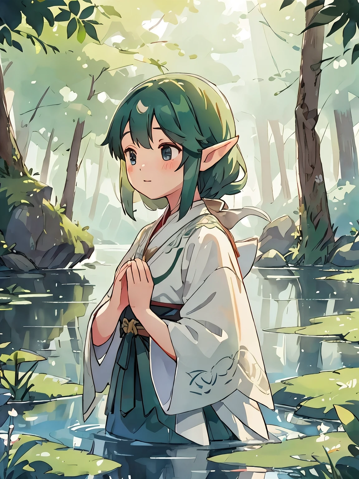 By the misty lake、Image of an elf praying。Digital art rendered in high-resolution detail、The intricate costumes of the elves and the natural beauty of the background are delicately depicted.。。