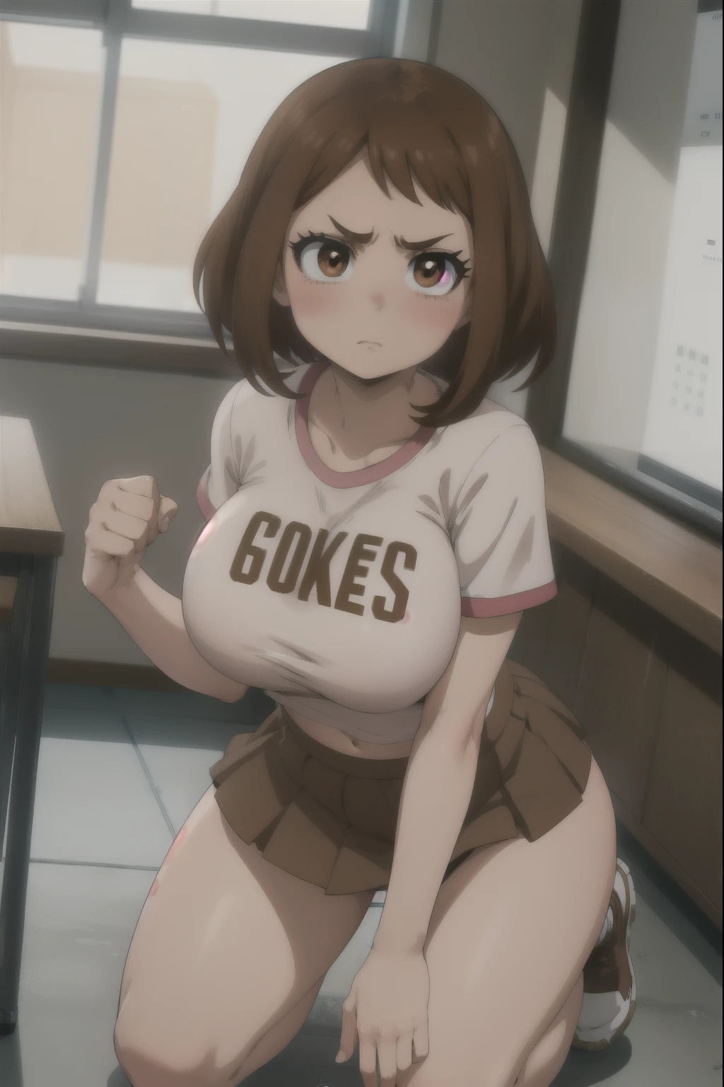 ochakouraraka, ochako uraraka, (brown eyes:1.5), brown hair, short hair, blush, blush, big tits, deep cleavage, bare tummy, slim waist, thick thighs, big butt, shy, angry, miniskirt, crop tshirt, kneeling, side slit, U.A., indoors, classroom, looking at viewer